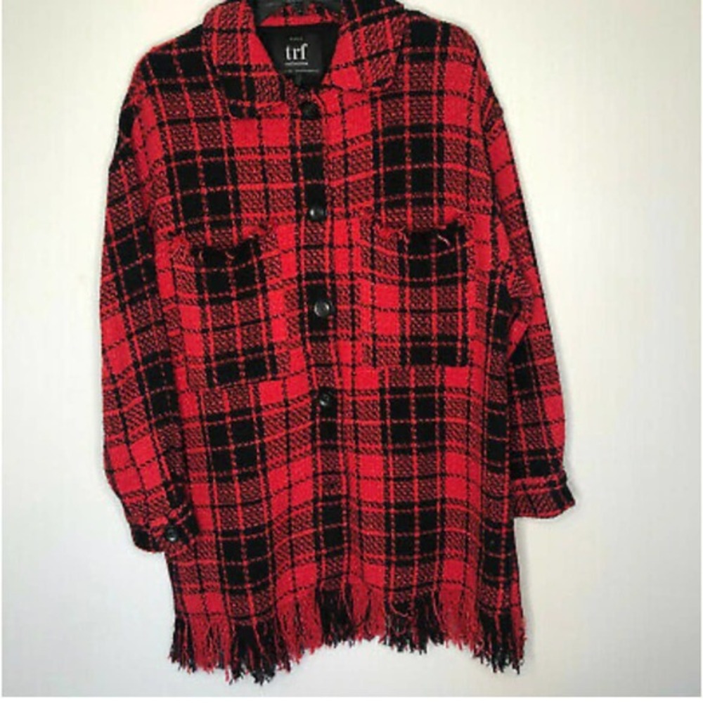Zara Red Black Plaid Long Shacket Coat Oversized Jacket S/M